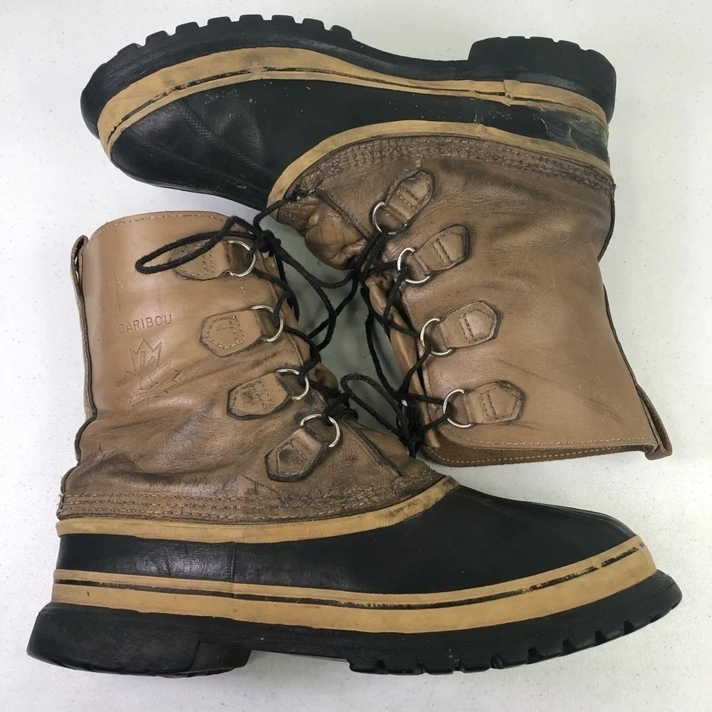 Sorel Caribou Tan Black Leather Rubber Lace Up Boots